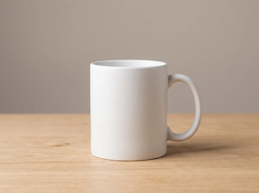 A wide 4:3 studio photo of a white mug on a wooden table