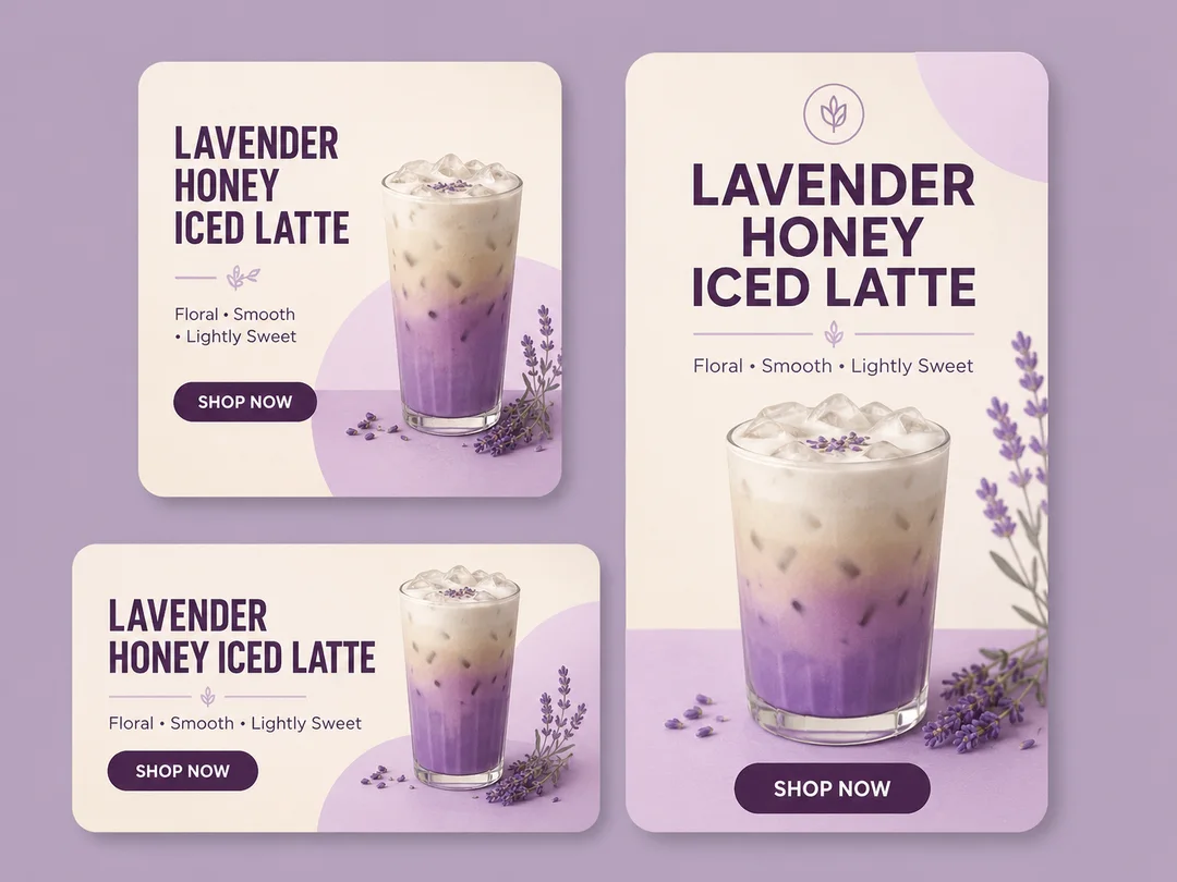 One lavender latte ad design exported at three sizes — a square post, a landscape banner, and a vertical story