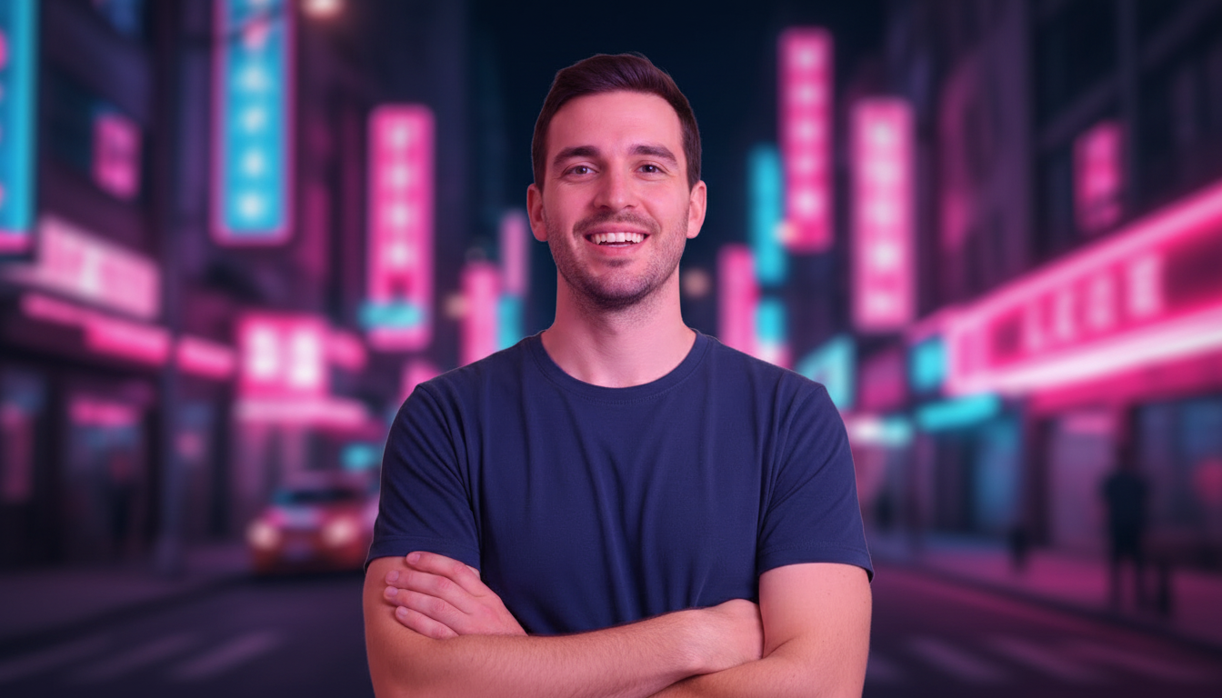 After: the background swapped to a neon city at night with matched lighting by the Thumix AI editor