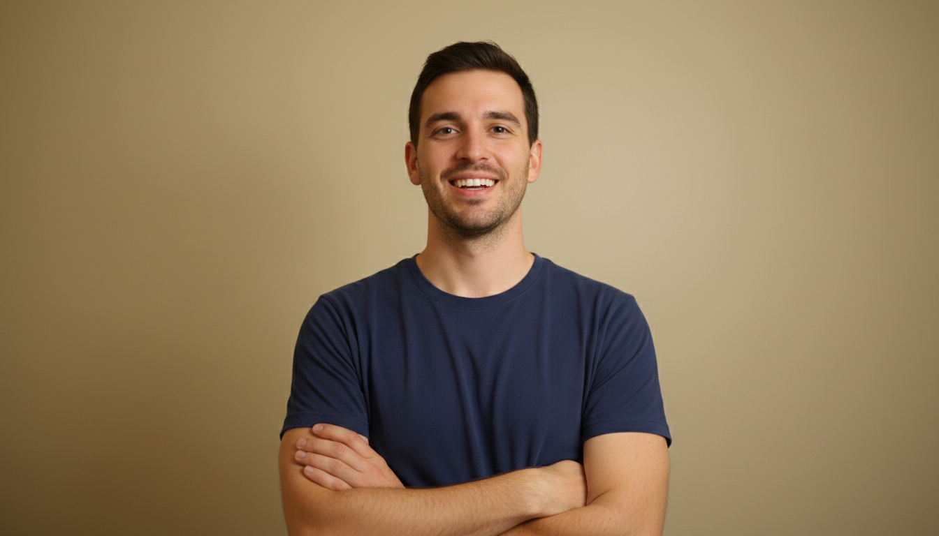 Before: creator photographed against a plain beige wall
