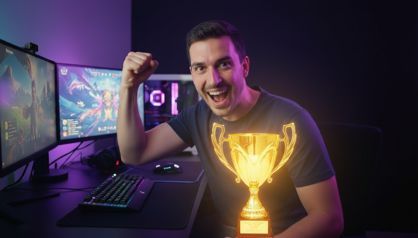 After: a glowing gold trophy added beside the creator by the Thumix AI editor