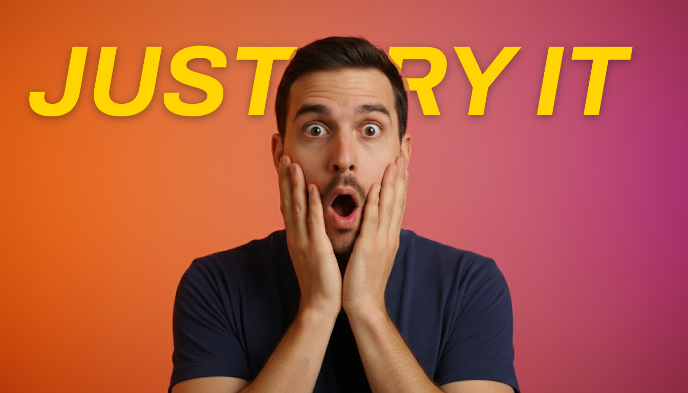 After: a bold 'JUST TRY IT' title tucked behind the subject with the Thumix text tool